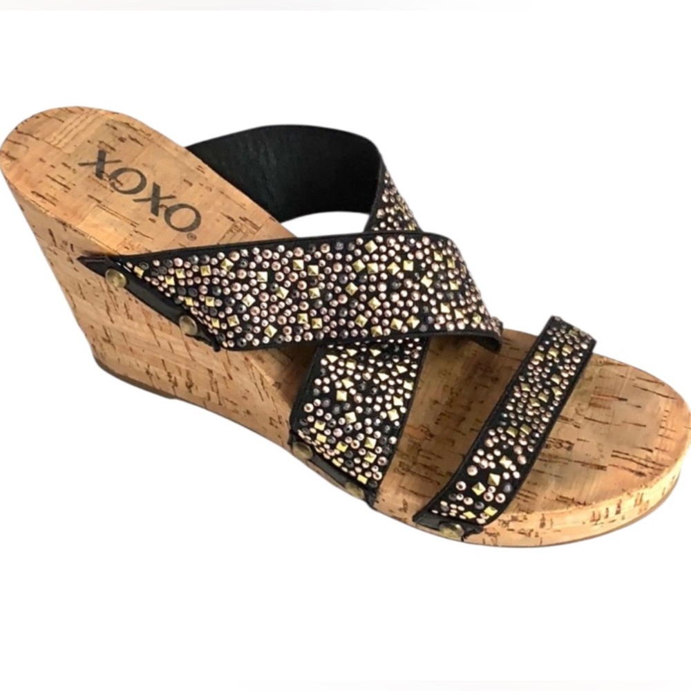XOXO Studded Cork Wedge Slip On Black and Gold Wedge Sandals sz7.5